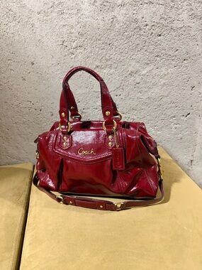 Coach Red Patent Leather Shoulder Satchel with Gold Hardware, versatile straps
